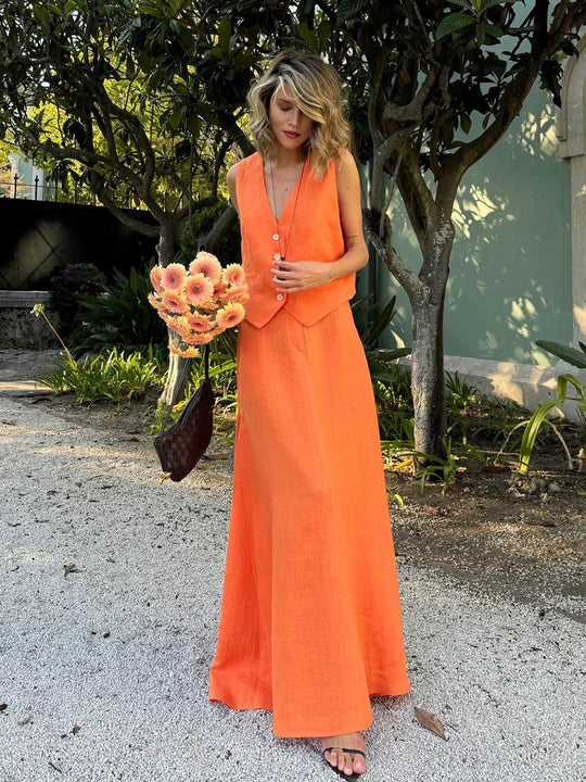 Kobieta | Elegancki Zestaw 2-Częściowy | Top Bez Rękawów | Długa Spódnica | Dopasowany Komplet