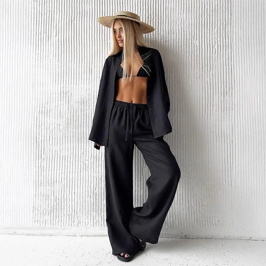 Kobieta | Stylowy Zestaw Lniany | Koszula z Długim Rękawem | Długie Spodnie | Oversizowy Komplet