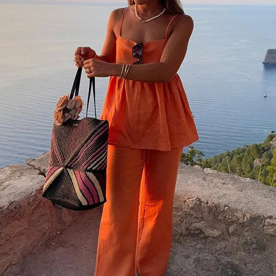 Kobieta | Uroczy Zestaw Lniany | Top Bez Rękawów Rozkloszowany | Długie Spodnie | Letni Komplet