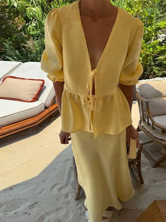 Kobieta | Elegancki Zestaw 2-Częściowy | Bluzka Vintage | Długa Spódnica | Klasyczny Komplet