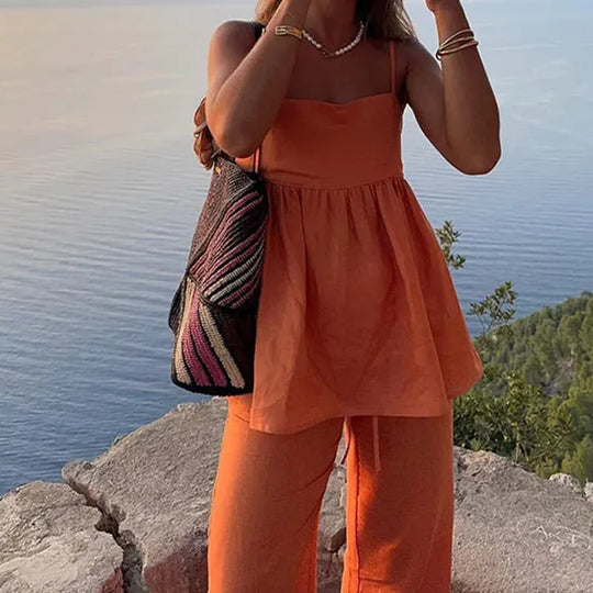 Kobieta | Uroczy Zestaw Lniany | Top Bez Rękawów Rozkloszowany | Długie Spodnie | Letni Komplet