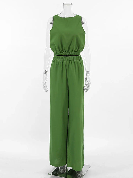 Kobieta | Letni Zestaw Lniany | Top Bez Rękawów | Długie Spodnie z Rozcięciami | Stylowy Komplet