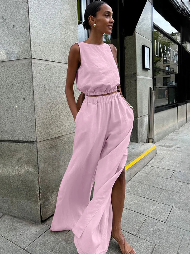 Kobieta | Letni Zestaw Lniany | Top Bez Rękawów | Długie Spodnie z Rozcięciami | Stylowy Komplet