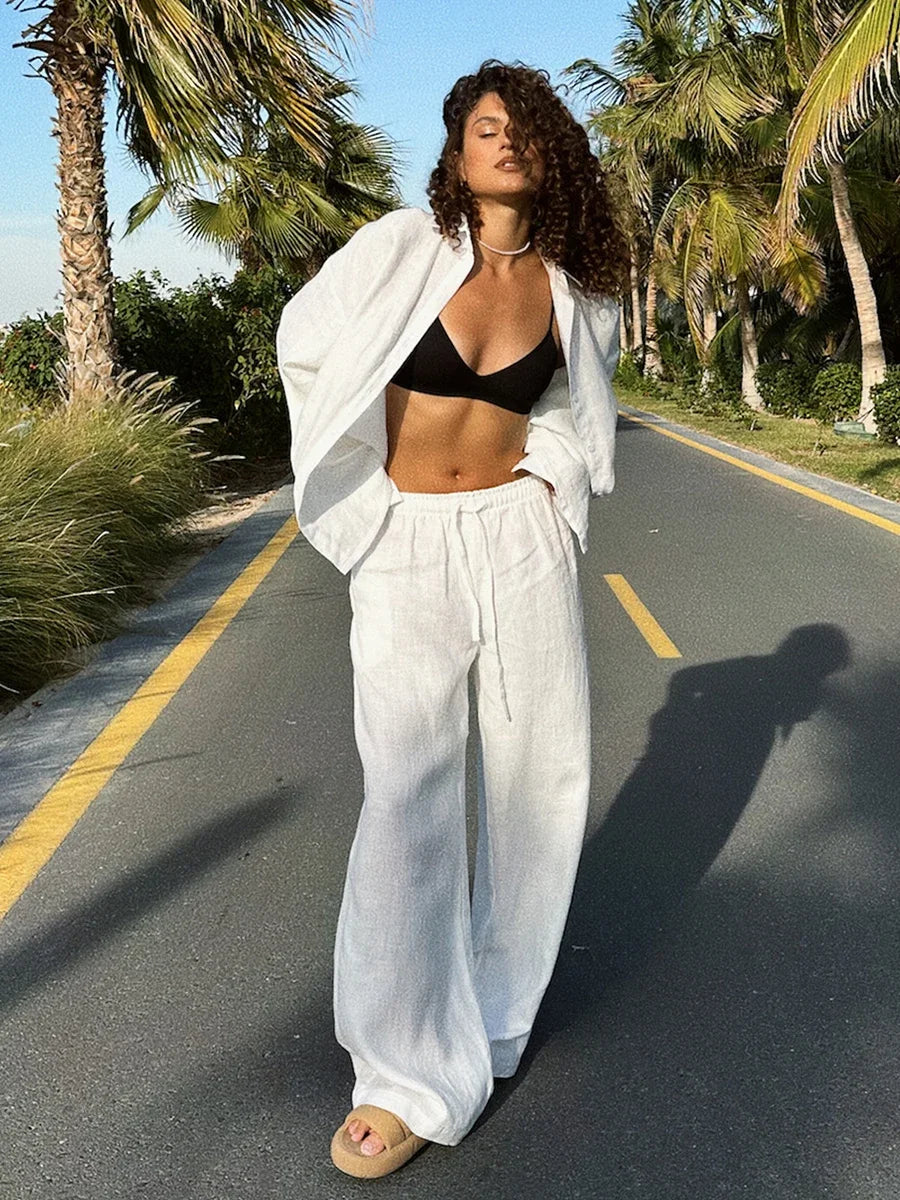 Kobieta | Stylowy Zestaw Lniany | Koszula z Długim Rękawem | Długie Spodnie | Oversizowy Komplet