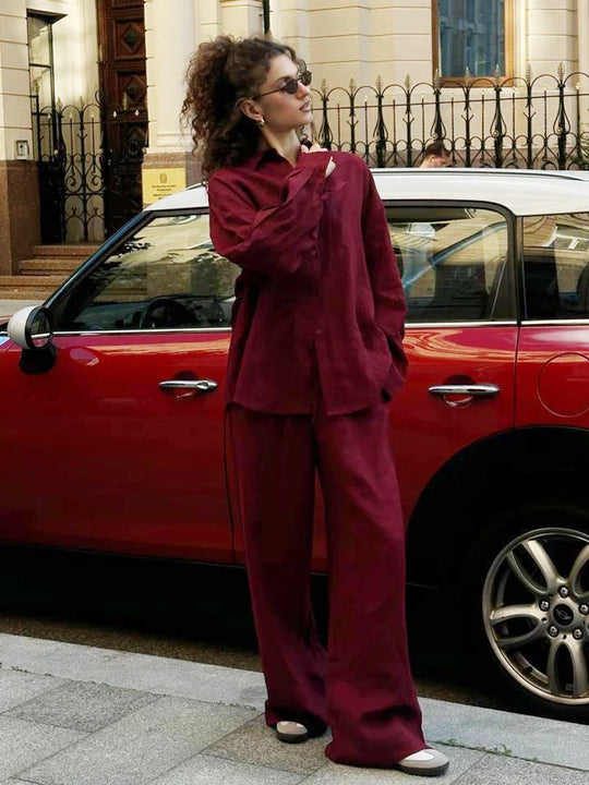 Kobieta | Stylowy Zestaw Lniany | Koszula z Długim Rękawem | Długie Spodnie | Oversizowy Komplet