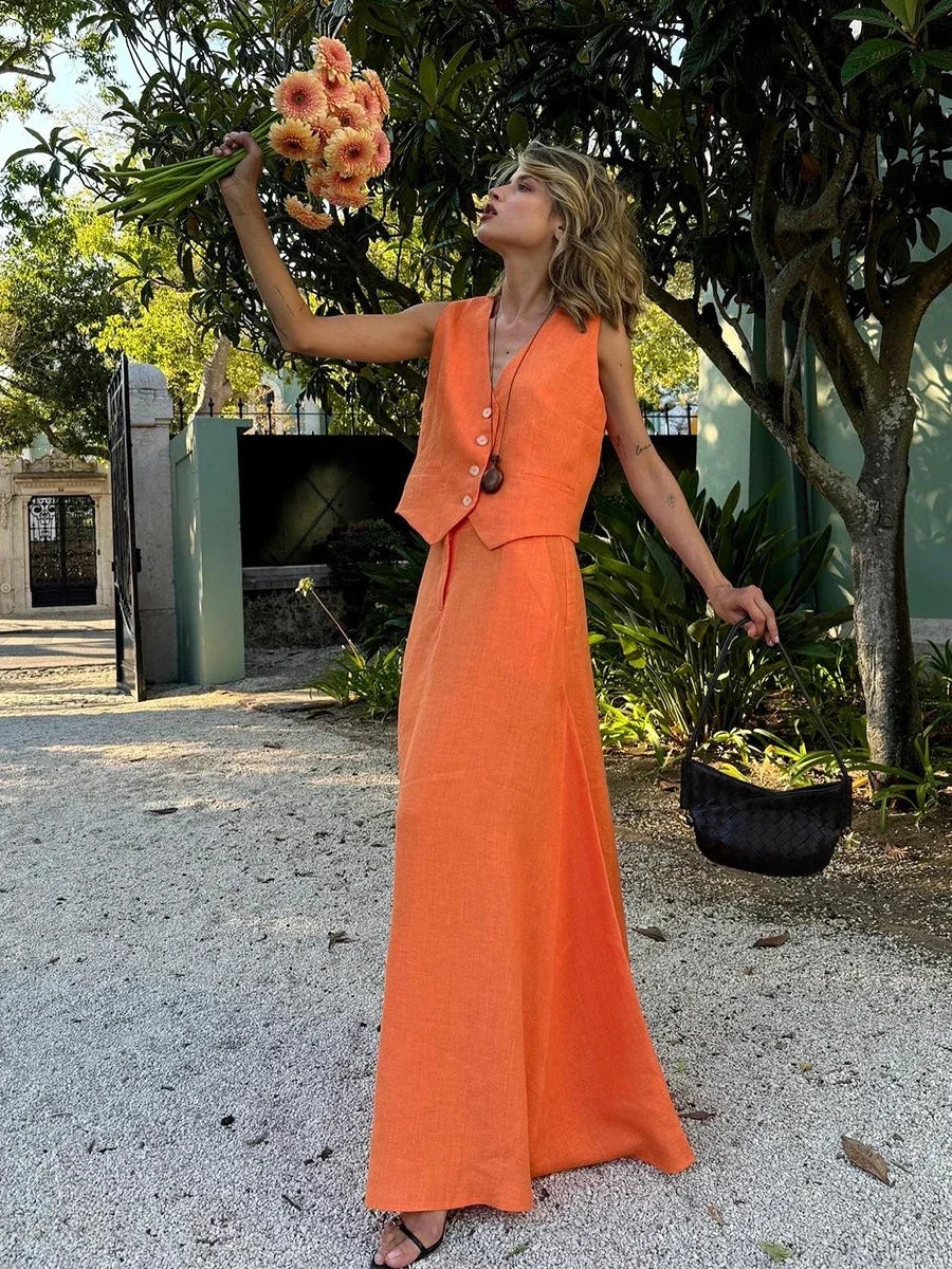 Kobieta | Elegancki Zestaw 2-Częściowy | Top Bez Rękawów | Długa Spódnica | Dopasowany Komplet