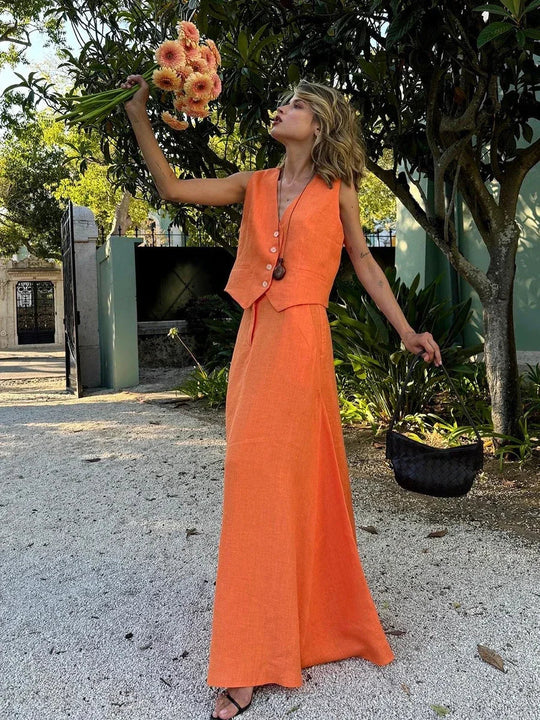 Kobieta | Elegancki Zestaw 2-Częściowy | Top Bez Rękawów | Długa Spódnica | Dopasowany Komplet