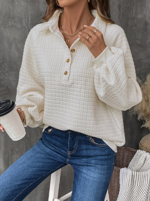 Damski Sweter – Oversized Krój – Siatkowy Splot – Pół Zapięcie – Balonowe Rękawy