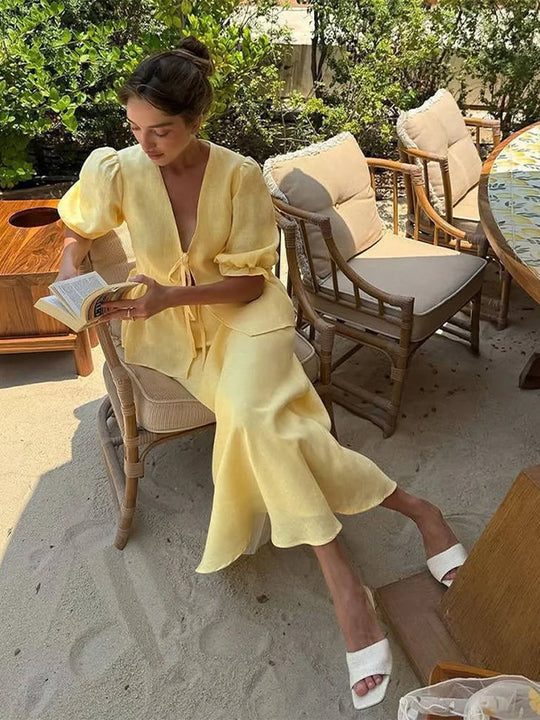 Kobieta | Elegancki Zestaw 2-Częściowy | Bluzka Vintage | Długa Spódnica | Klasyczny Komplet