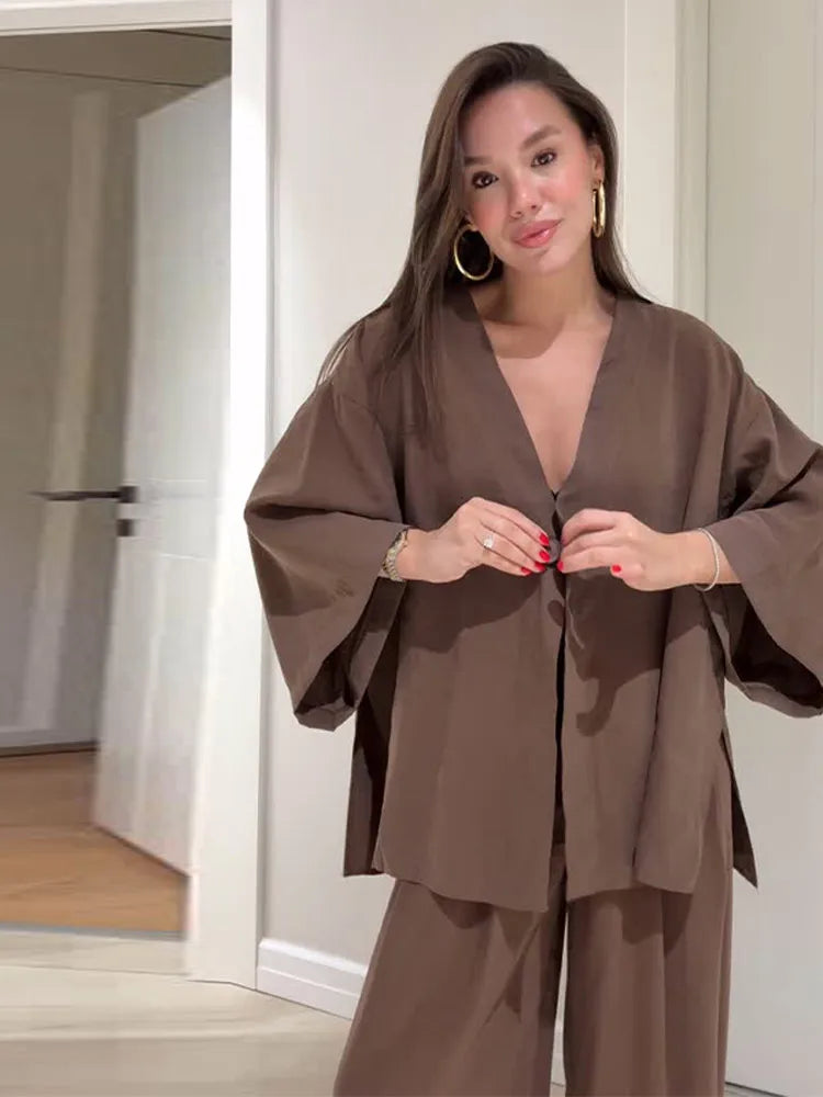 Kobieta | Stylowy Zestaw Lniany | Koszula na Guziki | Długie Spodnie | Oversizowy Komplet