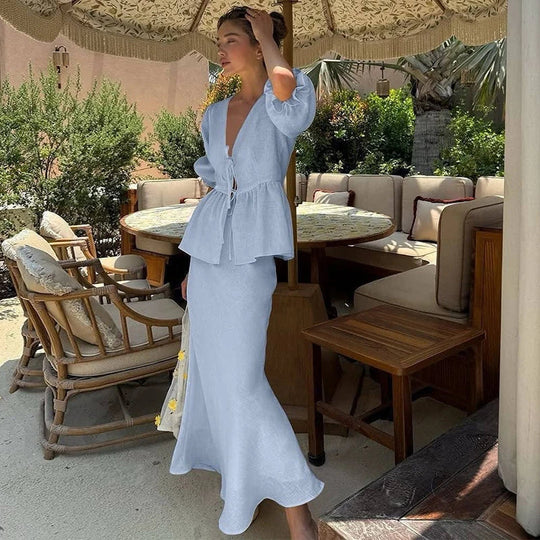 Kobieta | Elegancki Zestaw 2-Częściowy | Bluzka Vintage | Długa Spódnica | Klasyczny Komplet