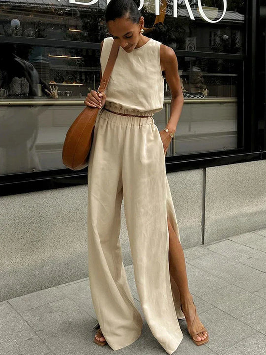 Kobieta | Letni Zestaw Lniany | Top Bez Rękawów | Długie Spodnie z Rozcięciami | Stylowy Komplet