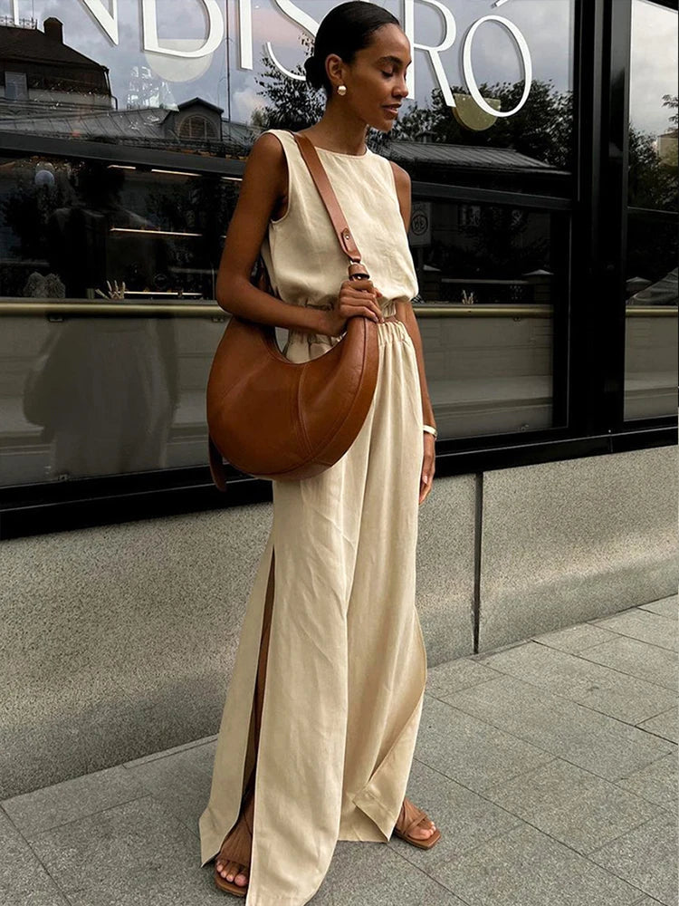 Kobieta | Letni Zestaw Lniany | Top Bez Rękawów | Długie Spodnie z Rozcięciami | Stylowy Komplet