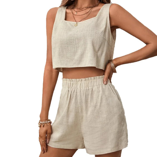 Kobieta | Elegancki Letni Zestaw Lniany | Top Bez Rękawów z Otwartym Tyłem | Krótkie Spodenki | Stylowy Komplet