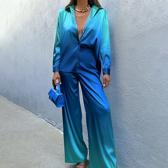 Kobieta | Elegancki Zestaw 2-częściowy | Bluzka z Długim Rękawem | Spodnie z Rozszerzanymi Nogawkami | Styl Nowoczesny