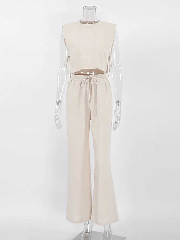 Kobieta | Stylowy Zestaw Lniany | Top na Krótki Rękaw | Długie Spodnie z Wysokim Stanem | Letni Komplet