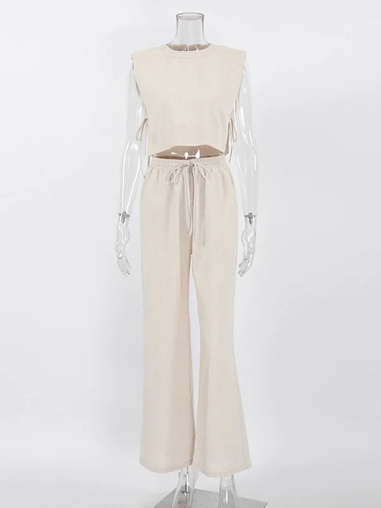 Kobieta | Stylowy Zestaw Lniany | Top na Krótki Rękaw | Długie Spodnie z Wysokim Stanem | Letni Komplet