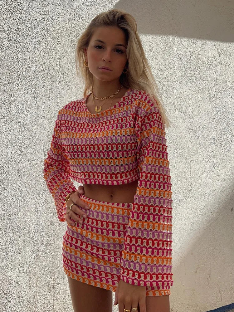 Kobieta | Elegancki Zestaw Krótki | Bluzka z Długim Rękawem | Dopasowana Spódnica | Styl Nowoczesny