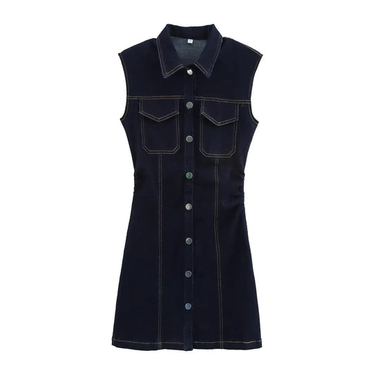 Fleur - Slim Denim Bez Rękawów Mini Sukienka
