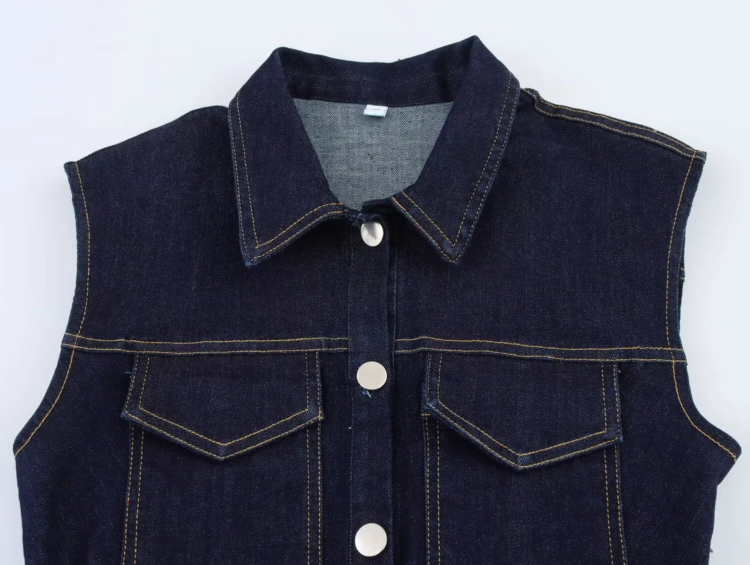 Fleur - Slim Denim Bez Rękawów Mini Sukienka