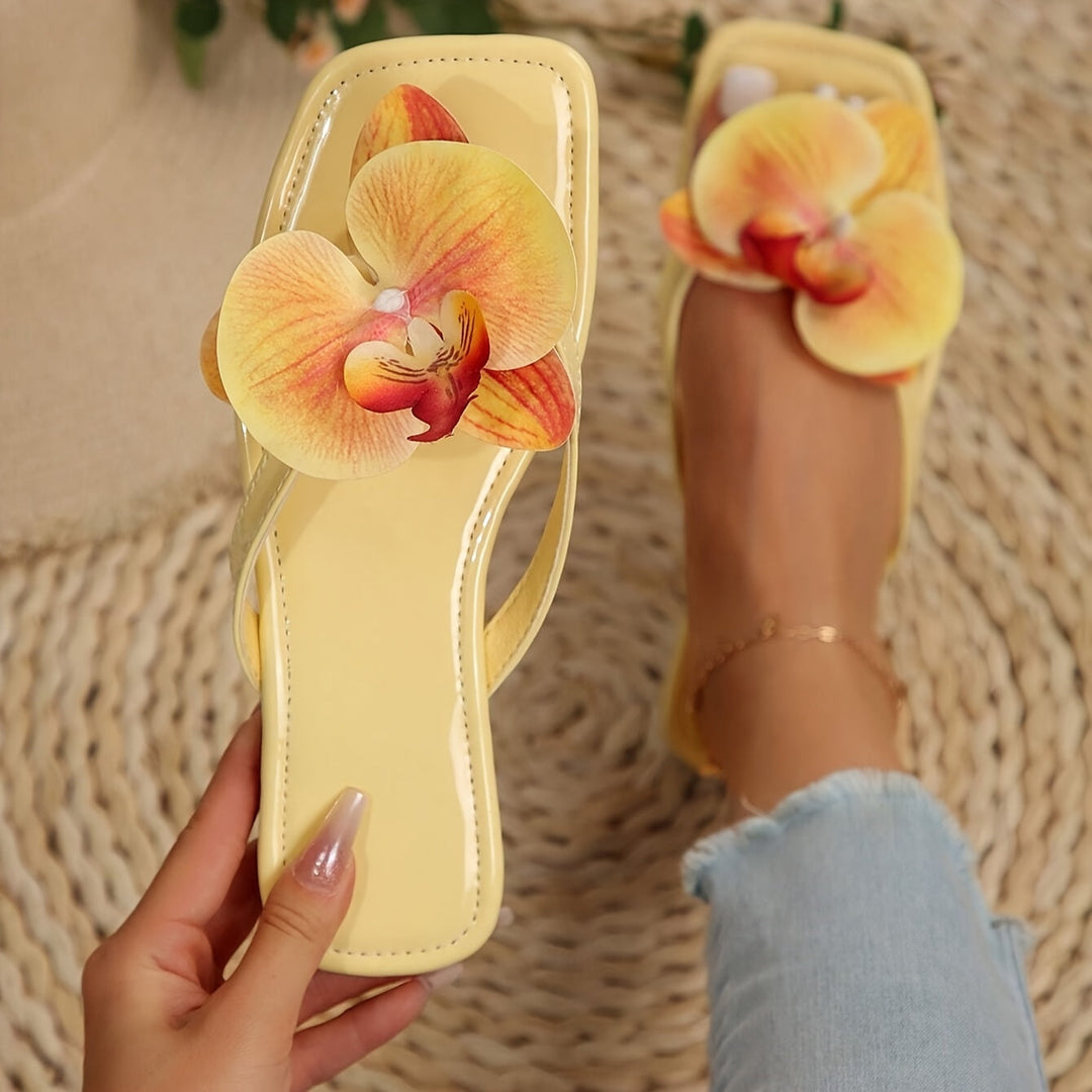 Yumea | Klapki damskie z kwiatami orchidei - Lekkie klapki na lato