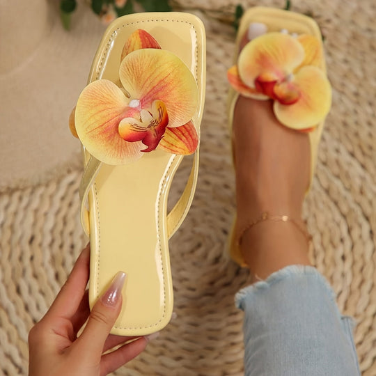 Yumea | Klapki damskie z kwiatami orchidei - Lekkie klapki na lato
