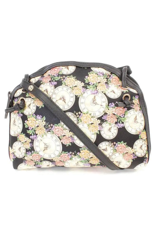 Czarna Torebka Mini z Wzorem Zegara