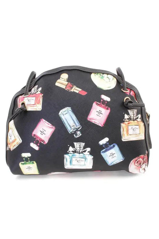 Czarna torebka mini z nadrukiem perfum z sztucznej skóry