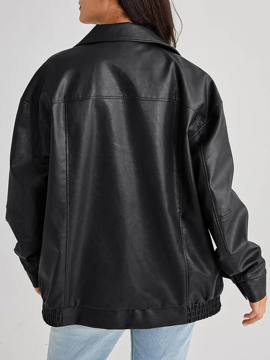 Kobiecą Oversized Skórzaną Kurtkę Bomber z Zapięciem na Zamek