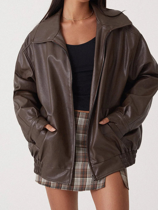 Kobiecą Oversized Skórzaną Kurtkę Bomber z Zapięciem na Zamek