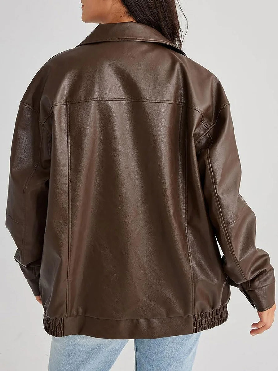 Kobiecą Oversized Skórzaną Kurtkę Bomber z Zapięciem na Zamek