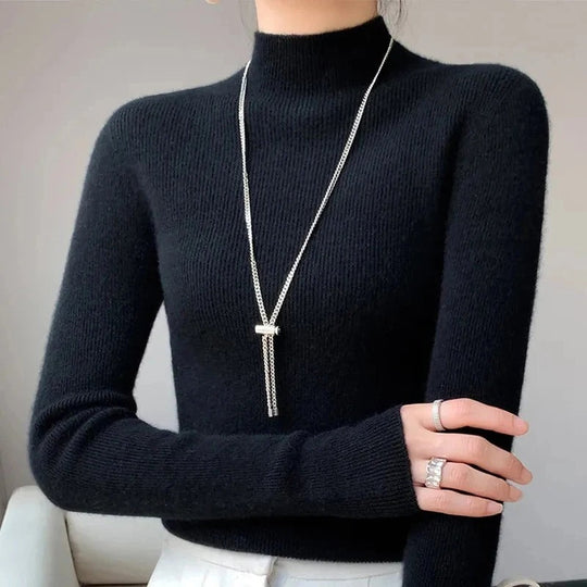 Sweter Damski – Slim Fit – Wełniany Mix – Golf – ściągacze