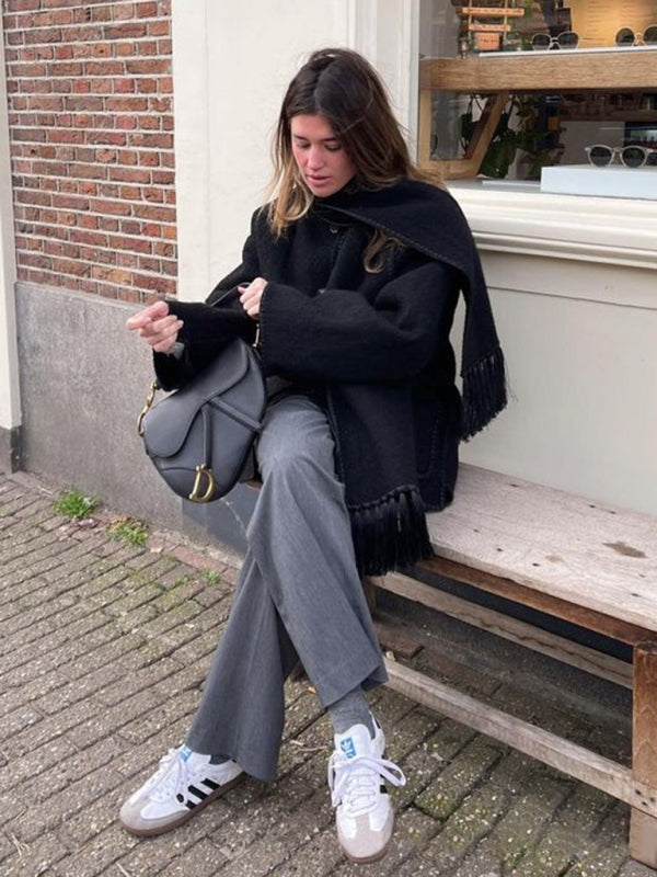 Długi Płaszcz z Frędzlami i Szalem dla Kobiet | Idealny na Jesień i Zimę