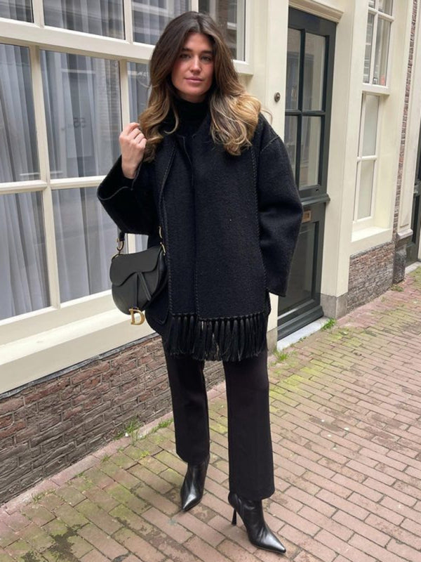 Długi Płaszcz z Frędzlami i Szalem dla Kobiet | Idealny na Jesień i Zimę