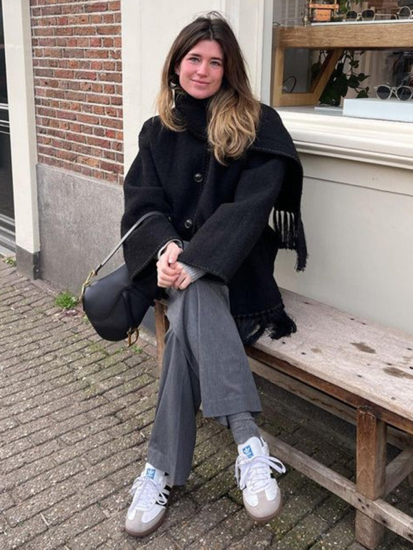 Długi Płaszcz z Frędzlami i Szalem dla Kobiet | Idealny na Jesień i Zimę