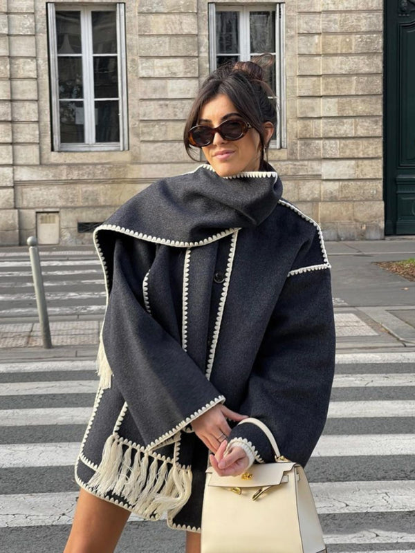 Długi Płaszcz z Frędzlami i Szalem dla Kobiet | Idealny na Jesień i Zimę