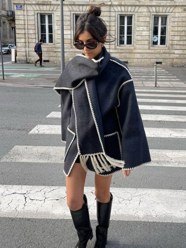 Długi Płaszcz z Frędzlami i Szalem dla Kobiet | Idealny na Jesień i Zimę
