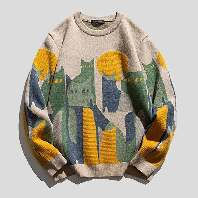 Damski Sweter – Luźny Krój – Dzianinowy Materiał – Okrągły Dekolt – Graficzny Design