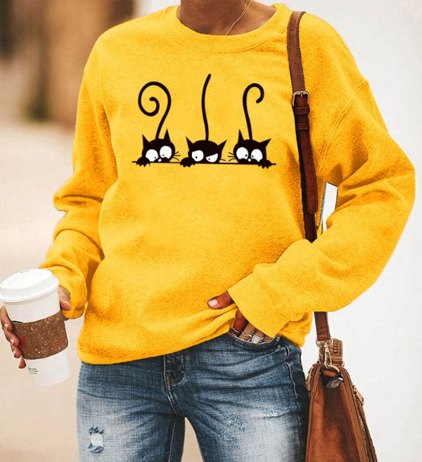 Damski Sweter – Oversized Krój – Mieszanka Bawełny – Długie Rękawy – Wzór z Kotami