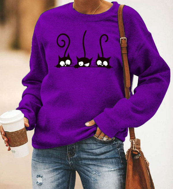 Damski Sweter – Oversized Krój – Mieszanka Bawełny – Długie Rękawy – Wzór z Kotami