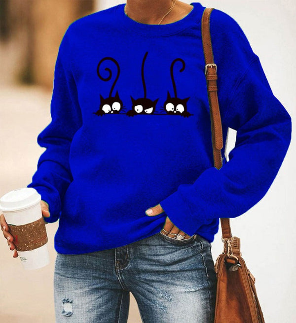 Damski Sweter – Oversized Krój – Mieszanka Bawełny – Długie Rękawy – Wzór z Kotami