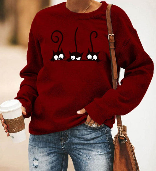 Damski Sweter – Oversized Krój – Mieszanka Bawełny – Długie Rękawy – Wzór z Kotami