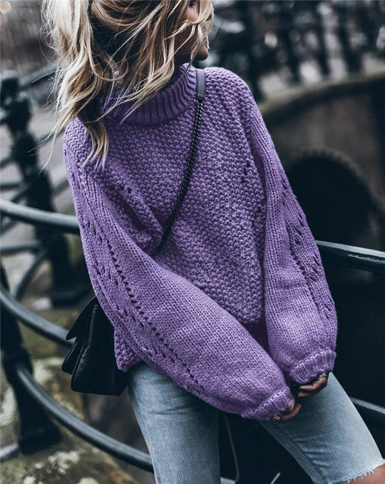 Damski Sweter – Oversized Krój – Golf – Gruby Splot z Oczkową Strukturą