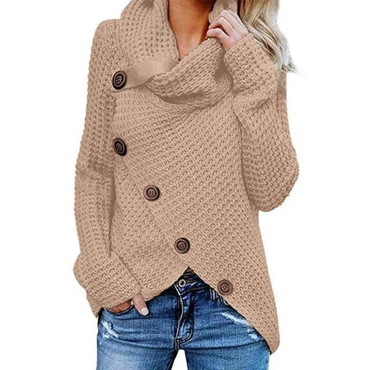 Damski Sweter – Waffle Knit – Luźny Krój – Kołnierz – Asymetryczne Guziki