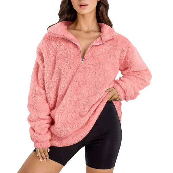 Damski Sweter Fleece – Luźny Krój – Pół Zamek – Stojący Kołnierz – Długie Rękawy