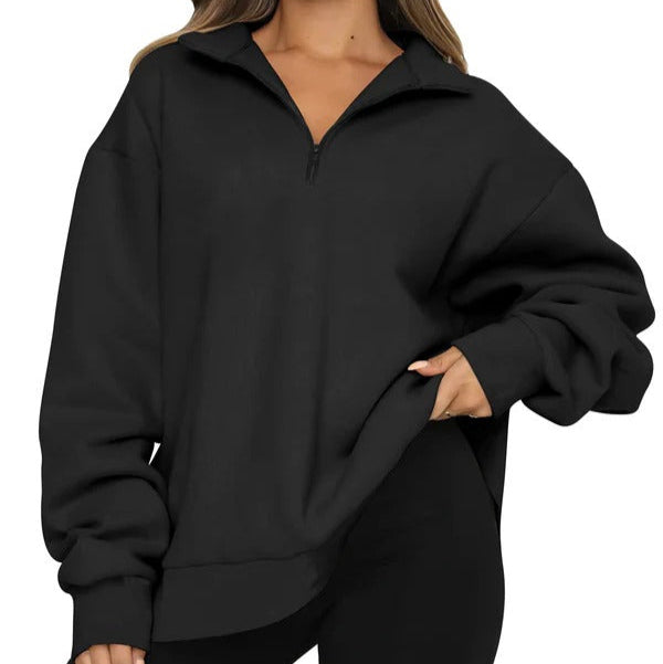 Damski Sweter – Oversized Krój – Wysoka Kola – Krótki Zamek – Miękki Bawełniany