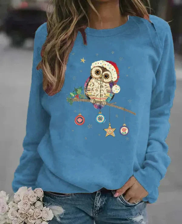 Damski Sweter – Luźny Krój – Mieszanka Bawełny – Długie Rękawy – Świąteczny Print
