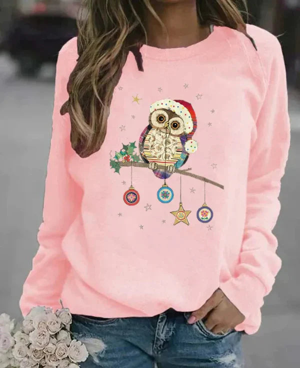 Damski Sweter – Luźny Krój – Mieszanka Bawełny – Długie Rękawy – Świąteczny Print