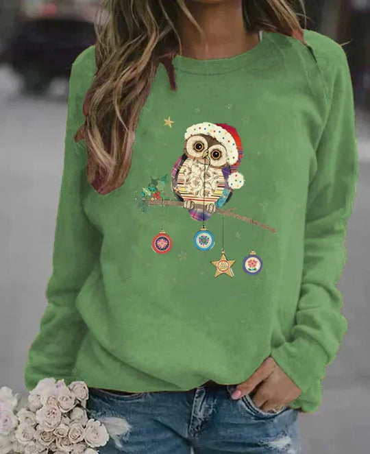 Damski Sweter – Luźny Krój – Mieszanka Bawełny – Długie Rękawy – Świąteczny Print