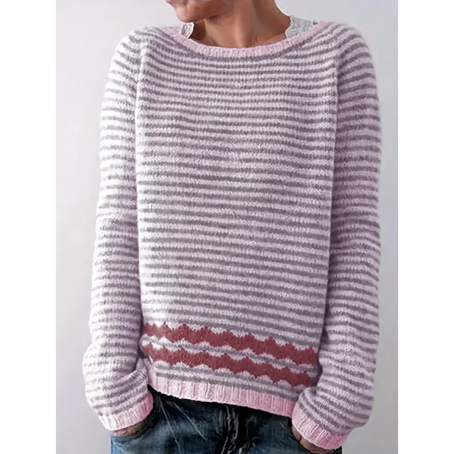 Sweter Damski – Mieszanka Wełny – Luźny Krój – W Paski – Rybaczki – Casual Model